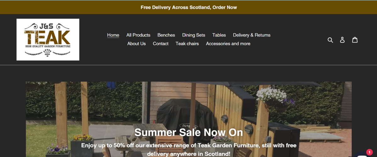 J&S Teak Furniture ecommerce website screenshot