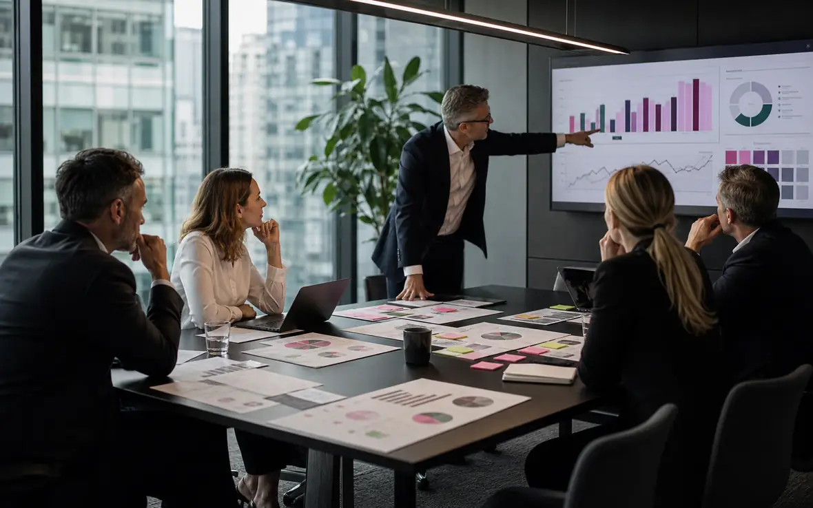 Business leaders reviewing growth strategy and revenue data for a Leeds growth consultancy project